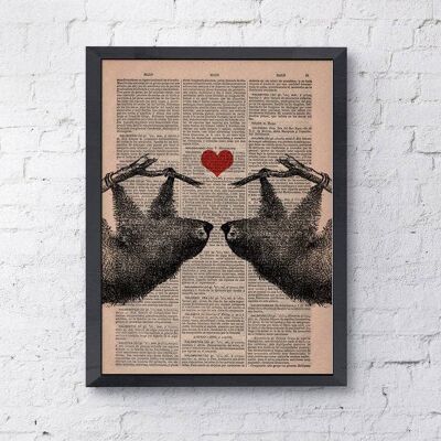 Home Gift, Christmas Gifts, Sloths in Love, Sloth Couple with Red Heart, Wall Art, Wall Decor, Gift Art for Home, Nursery, Prints ANI068 - Book Page M 6.4x9.6