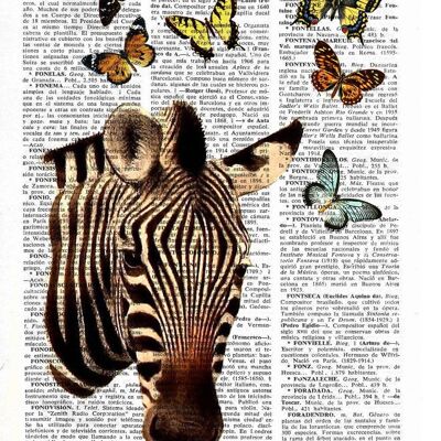 Geschenk für Zuhause, Weihnachtsgeschenke, Zebra mit Schmetterlingen Kunstdruck, WÖRTERBUCH Kunstdruck, Wanddekoration, Zebra POSTER Dorm Decor Art Fun print ANI004 – Book Page S 4.1x6.6