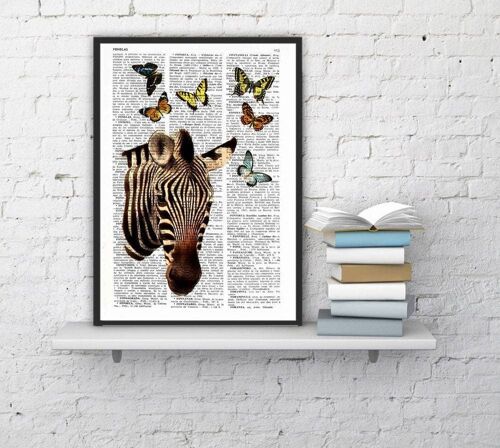Home gift, Christmas Gifts, Zebra with butterflies Art Print, DICTIONARY Art Print, Wall Decor, Zebra POSTER Dorm Decor Art Fun print ANI004 - Book Page L 8.1x12
