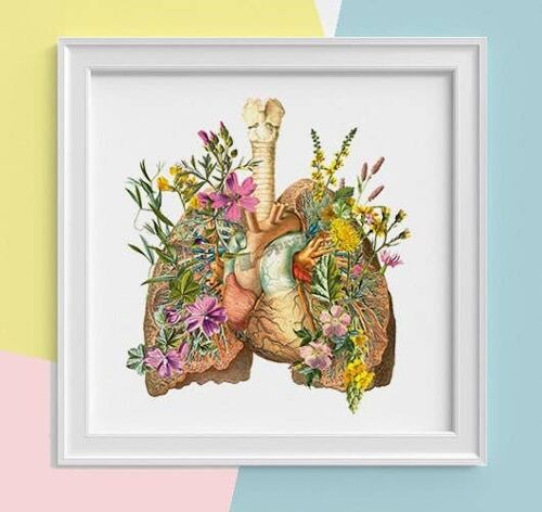 Home gift, Gift for her, Doctor gift, Lungs and heart with flowers, Science student gift, Human lungs art print, Anatomical heart, SKA099SQ1 - Square 12x12