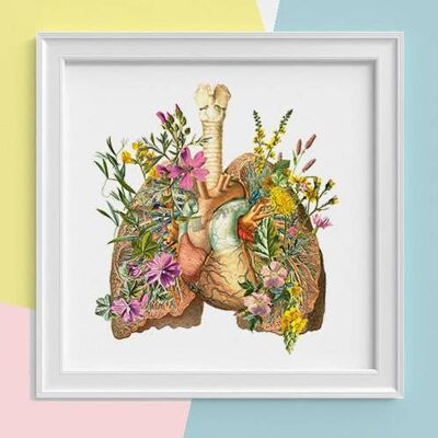Cadeau maison, Cadeau pour elle, Cadeau médecin, Poumons et coeur avec fleurs, Cadeau étudiant en sciences, Impression d'art poumons humains, Coeur anatomique, SKA099SQ1 - Blanc 8x10