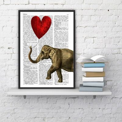 Regalo per la casa di inaugurazione della casa, Regali di Natale, Elefante con palloncino a forma di cuore, Nuovo regalo per la casa, Arte della natura, Arte della parete divertente, Arte originale ANI083 - Pagina del libro L 8.1x12