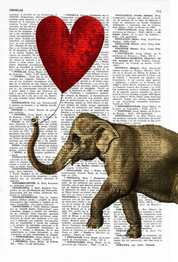 Cadeau de pendaison de crémaillère, Cadeaux de Noël, Éléphant avec ballon en forme de coeur, Nouveau cadeau pour la maison, Art de la nature, Art mural drôle, Art original ANI083 - Page de livre L 8.1x12 2