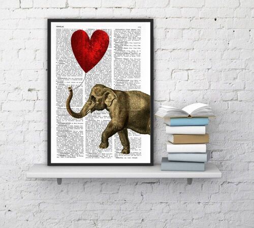 Housewarming home gift, Christmas Gifts, Elephant with Heart shaped balloon, New home gift, Nature art, Funny wall art, Original art ANI083 - Music L 8.2x11.6