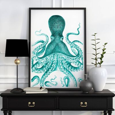 Großer Türkis-Kraken-Kunstdruck – A4 weiß 8,2 x 11,6