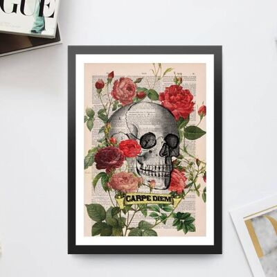 Arte del cranio umano - Decorazione della parete del cranio - Regalo del dottore - CARPE DIEM Roses Skull Tattoo art - Arte della parete del tatuaggio della vecchia scuola - Arte del cranio - SKA075 - Pagina del libro L 8.1x12 (senza gancio)