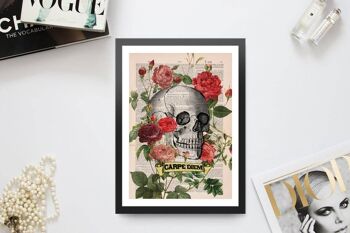 Art de crâne humain - Décoration murale tête de mort - Cadeau médecin - CARPE DIEM Roses Skull Tattoo art - Art mural tatouage old school - Art tête de mort - SKA075 - Page de livre L 8.1x12 (No Hanger) 1