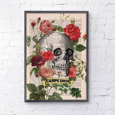 Menschlicher Schädel Kunst – Schädel Wanddekoration – Arzt Geschenk – CARPE DIEM Rosen Schädel Tattoo Kunst – Old School Tattoo Wandkunst – Schädel Kunst – SKA075 – Buchseite M 6,4 x 9,6 (kein Aufhänger)