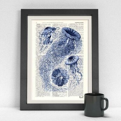 Jellyfish in blue Art print - Book Page M 6.4x9.6