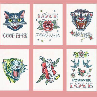 Set di cartoline del tatuaggio della vecchia scuola di amore e fortuna