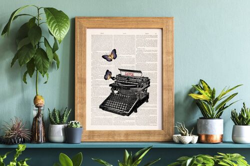 Lovers typewritter with butterflies - White 8x10 - Oak Wood Hanger