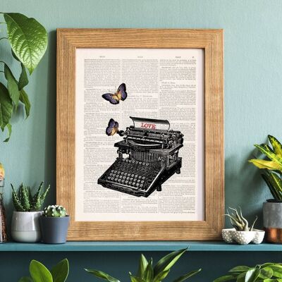 Lovers typewriter with butterflies - White 8x10 - Oak Wood Hanger