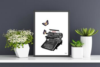 Machine à écrire Lovers aux papillons - Blanc 8x10 - Cintre Bois Noir 2