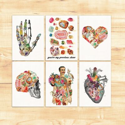 Cartes postales minéraux et pierres - Anatomie humaine et pierres - Ensemble de six cartes postales - Ensemble cadeau d'art médical - PSC022