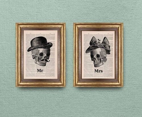 Mr and Mrs Wall art. Bedroom art. Skulls couple wall art- Bathroom wall art - Mrs and Mr art prints- New house gift -book print art - SET023 - Book Page 7.2x10.5