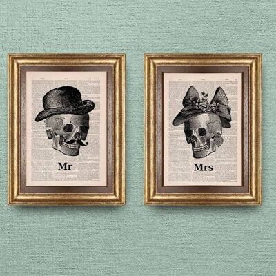 Mr and Mrs Wall art. Bedroom art. Skulls couple wall art- Bathroom wall art - Mrs and Mr art prints- New house gift -book print art - SET023 - Book Page M 6.4x9.6