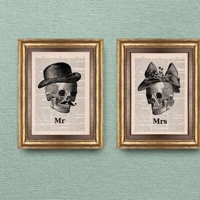 Mr and Mrs Wall art. Bedroom art. Skulls couple wall art- Bathroom wall art - Mrs and Mr art prints- New house gift -book print art - SET023 - Book Page M 6.4x9.6