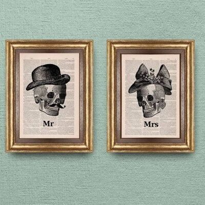 Mr and Mrs Wall art. Bedroom art. Skulls couple wall art- Bathroom wall art - Mrs and Mr art prints- New house gift -book print art - SET023 - Book Page L 8.1x12