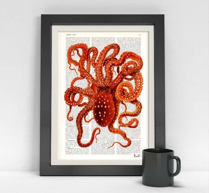 Oktopus in heißem Orange Kunstdruck - Buchseite S 5 x 7