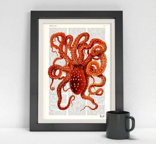 Octopus in hot orange Art Print - Book Page S 5x7