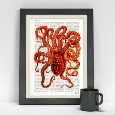 Oktopus in heißem Orange Kunstdruck - Buchseite L 8,1 x 12