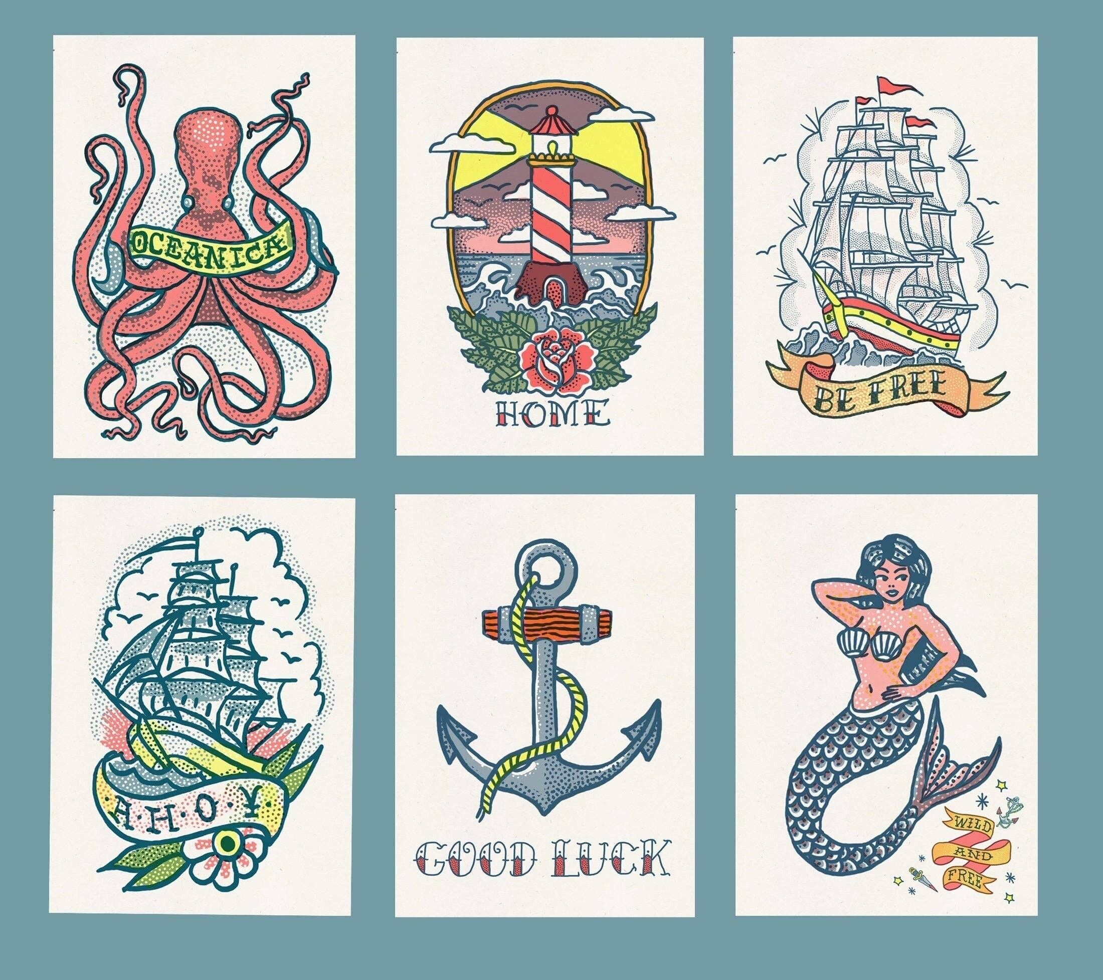 Postkarten-Set mit Old-School-Tattoo-Meer