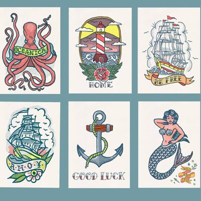 Old school Tattoo Sea themed Postcards Set