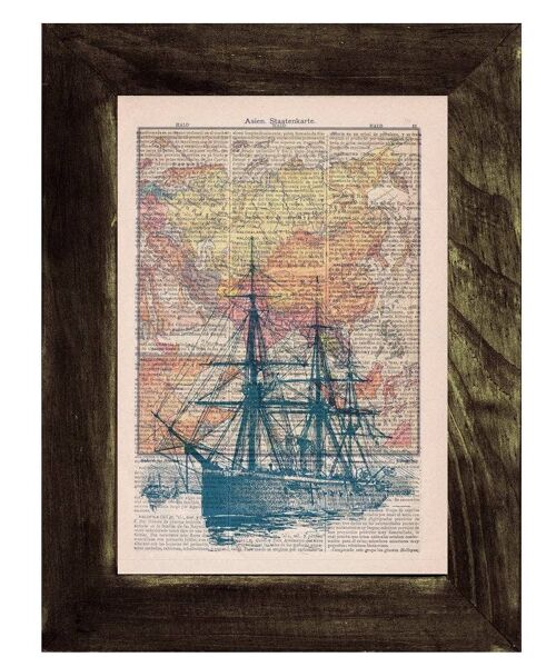 Old Ship and Vintage Map Wall Print - Book Page S 5x7