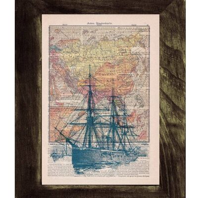 Old Ship and Vintage Map Wall Print - Book Page M 6.4x9.6