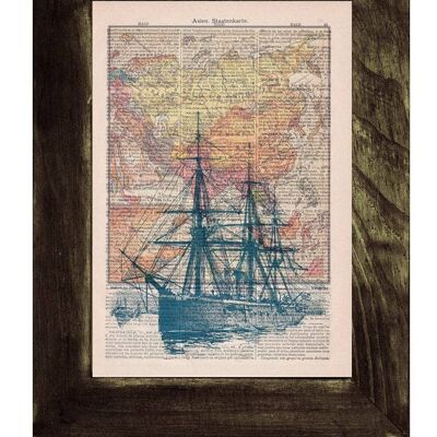 Old Ship and Vintage Map Wall Print - Book Page M 6.4x9.6