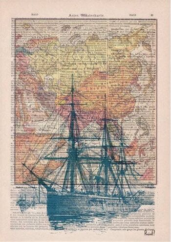 Old Ship and Vintage Map Wall Print - Livre Page M 6.4x9.6 2