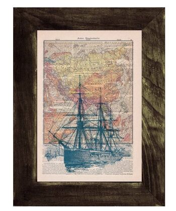 Old Ship and Vintage Map Wall Print - Livre Page L 8.1x12 1
