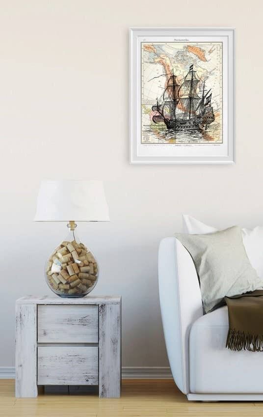 Altes Schiffsplakat mit Vintage-Karte von Amerika