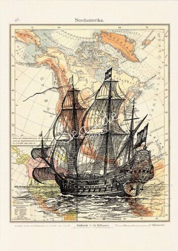 Ancienne affiche de bateau avec carte vintage de l'Amérique 3