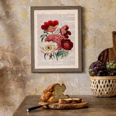 Red and pink Anemones flower bouquet - Book Page M 6.4x9.6 (No Hanger)