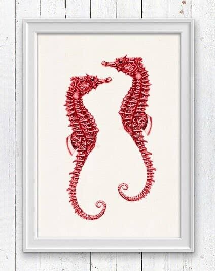 Couple d'hippocampes rouges - Blanc 8x10