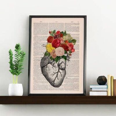 Bouquet de roses Coeur, Art décoratif, Coeur anatomique, Impression inspirée de la nature, Art pour les médecins, Art mural nature sombre, Cadeau maison, SKA135 - Livre Page L 8.1x12 (Pas de cintre)