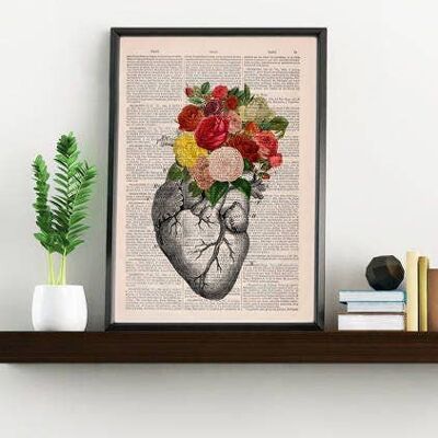 Roses bouquet Heart, Decorative Art, Anatomical Heart, Nature Inspired Print, Art for doctors, Dark nature wall art, Home gift, SKA135 - Book Page L 8.1x12 (No Hanger)