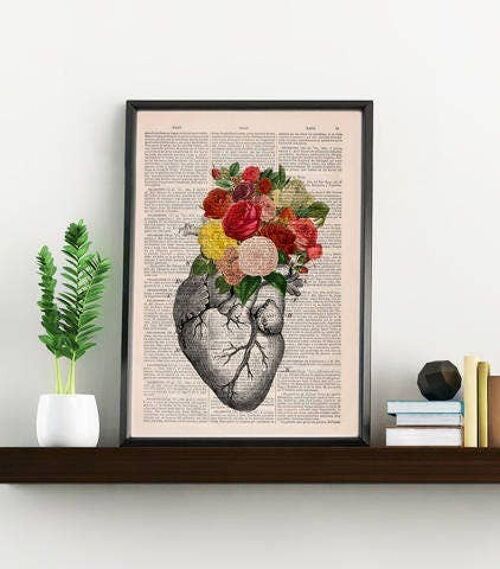 Roses bouquet Heart, Decorative Art, Anatomical Heart, Nature Inspired Print, Art for doctors, Dark nature wall art, Home gift, SKA135 - Book Page M 6.4x9.6 (No Hanger)