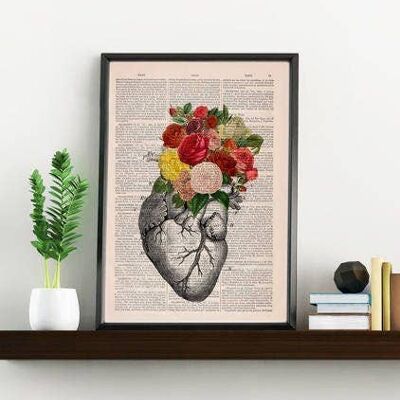 Roses bouquet Heart, Decorative Art, Anatomical Heart, Nature Inspired Print, Art for doctors, Dark nature wall art, Home gift, SKA135 - Book Page S 5x7 (No Hanger)