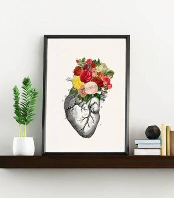 Bouquet de roses Coeur, Art décoratif, Coeur anatomique, Impression inspirée de la nature, Art pour les médecins, Art mural nature sombre, Cadeau maison, SKA135 - Affiche A3 11,7 x 16,5 3