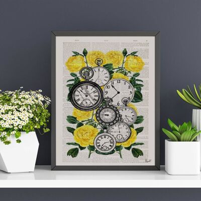 Cadeau sœur, tirages d'art mural, livre imprimé montre collage dictionnaire livre horloges sur roses - temps de vous voir-livre imprimé sur art vintage BFL112 - A4 blanc 8,2 x 11,6 (sans cintre)