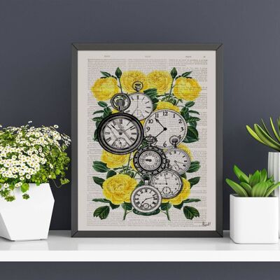 Sister gift, Wall art prints, Book print Watch collage dictionary book Clocks over Roses -Time to see you-book print on Vintage art BFL112 - A5 White 5.8x8.2 (No Hanger)