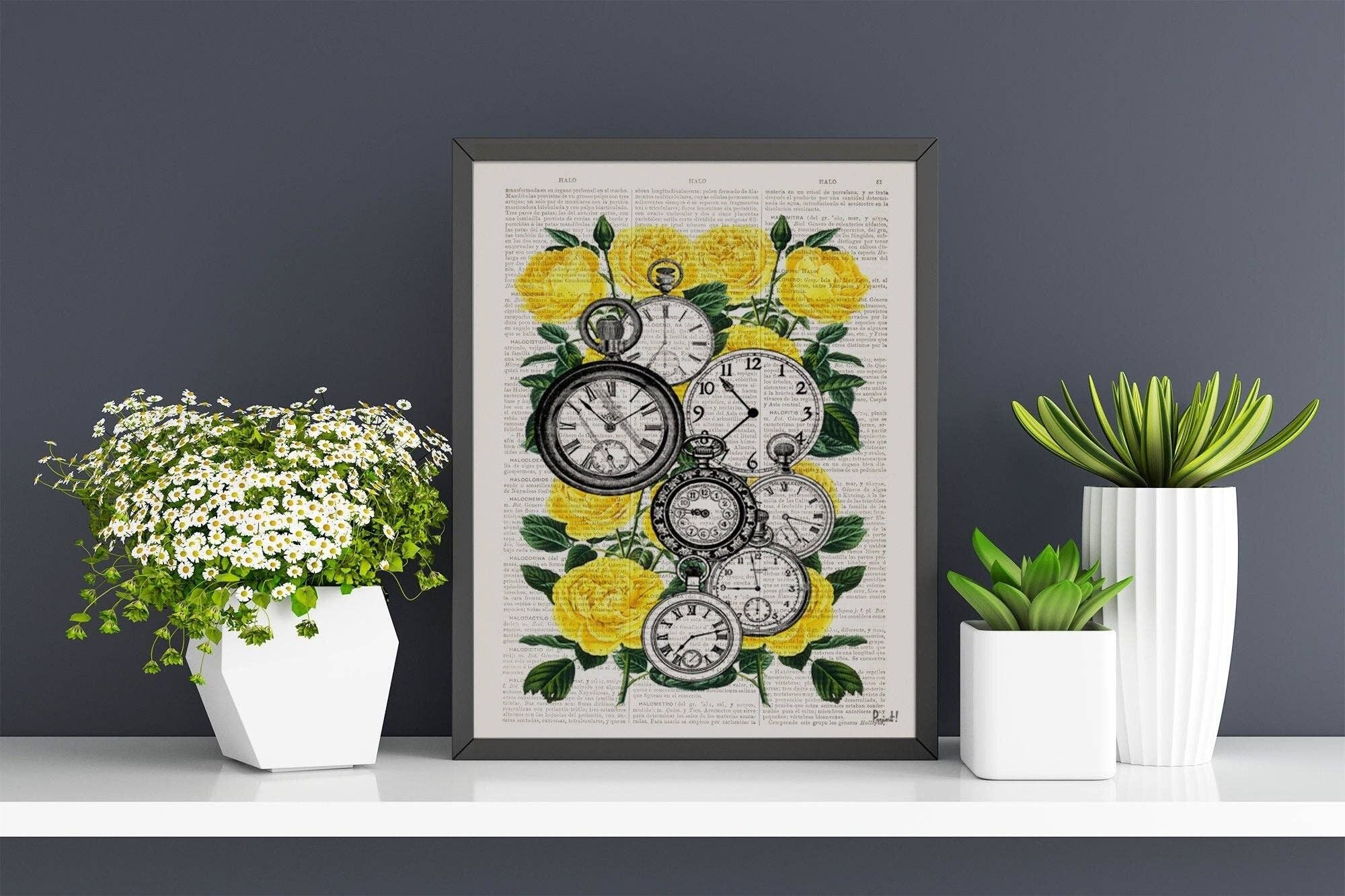 Geschenk für Schwestern, Kunstdrucke auf der Wand, Buchdruck Sehen Sie sich das Collage-Wörterbuch an Uhren über Rosen – Time to see you – Buchdruck auf Vintage Art BFL112 – A5, weiß, 5,8 x 8,2 cm