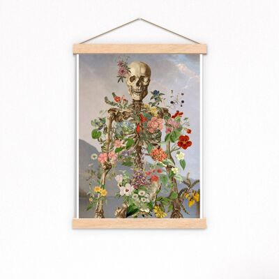 Skelett bedeckt mit Blumen über Morgenlandschaft (kein Aufhänger)