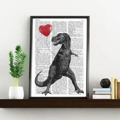 T Rex with heart shaped red ballon - Book Page M 6.4x9.6