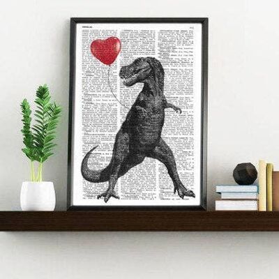 T Rex with heart shaped red ballon - Book Page M 6.4x9.6