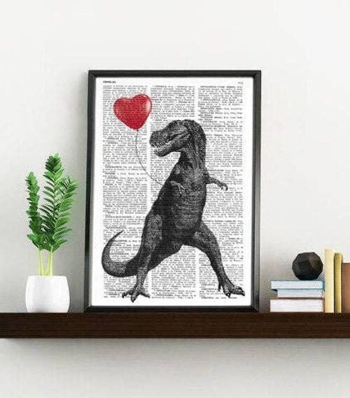 T Rex with heart shaped red ballon - Book Page L 8.1x12