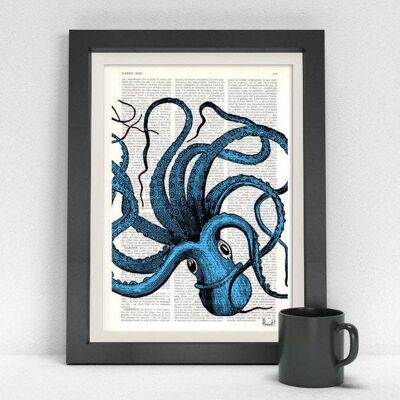Turquoise Octopus print - Book Page L 8.1x12
