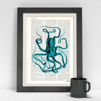 Türkis Octopus Print Wandkunst – Buchseite M 6,4 x 9,6